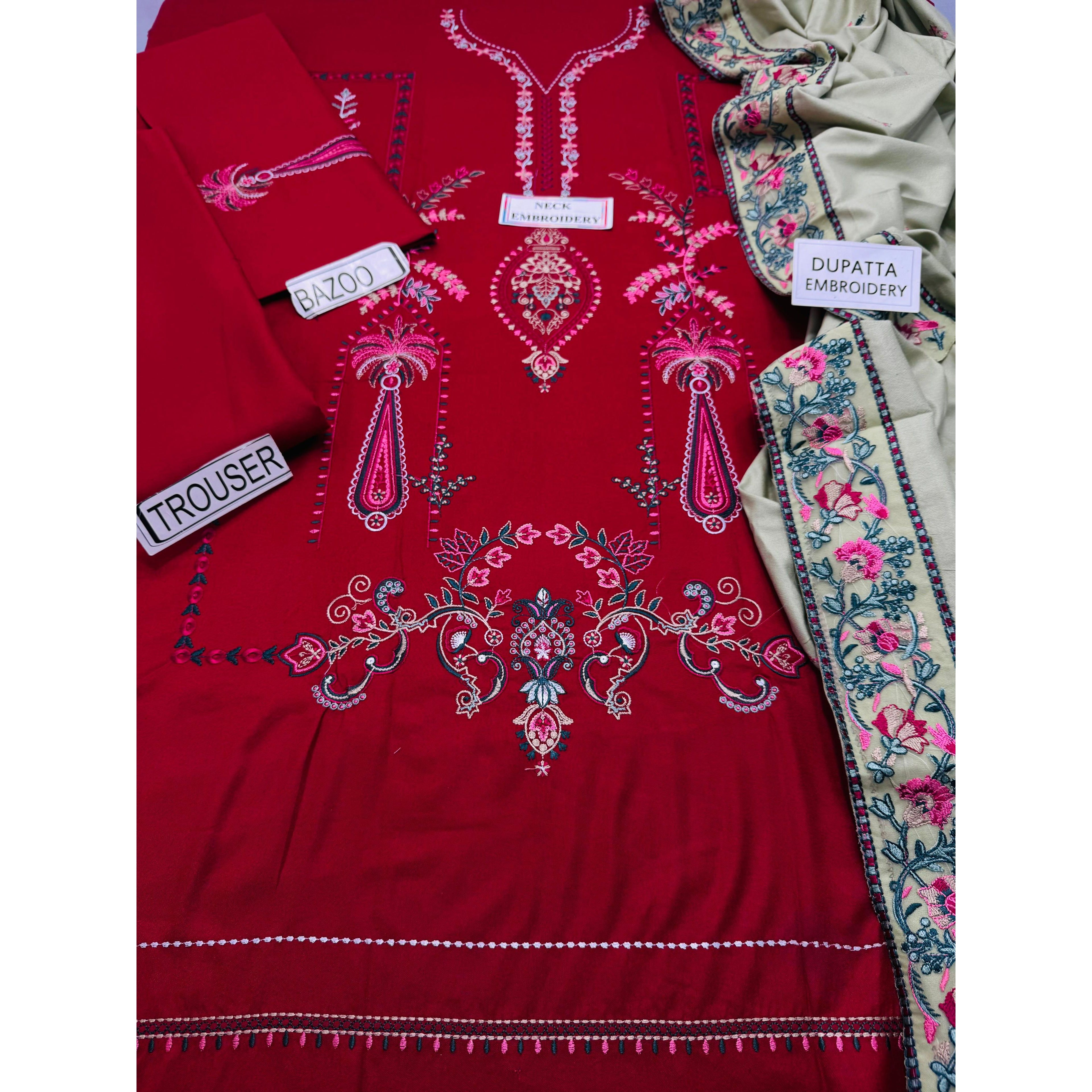 Unstitched Luxury Dahnk Fabric 3-Piece Embroidered Suit