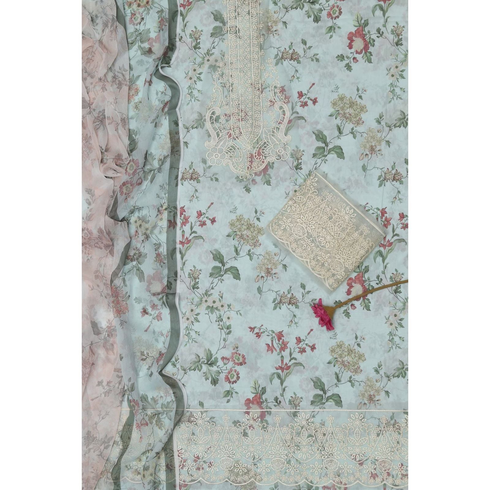 Luxury Printed Lawn 3 Piece Suit with Embroidery Patch & Digital Chiffon Dupatta