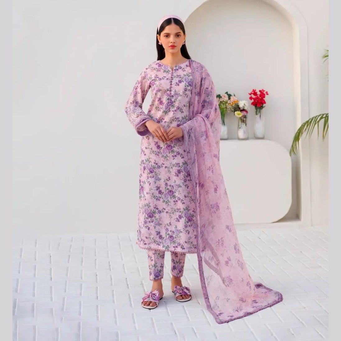 Luxury Embroidered Printed Lawn 3 Piece Suit with Digital Chiffon Dupatta