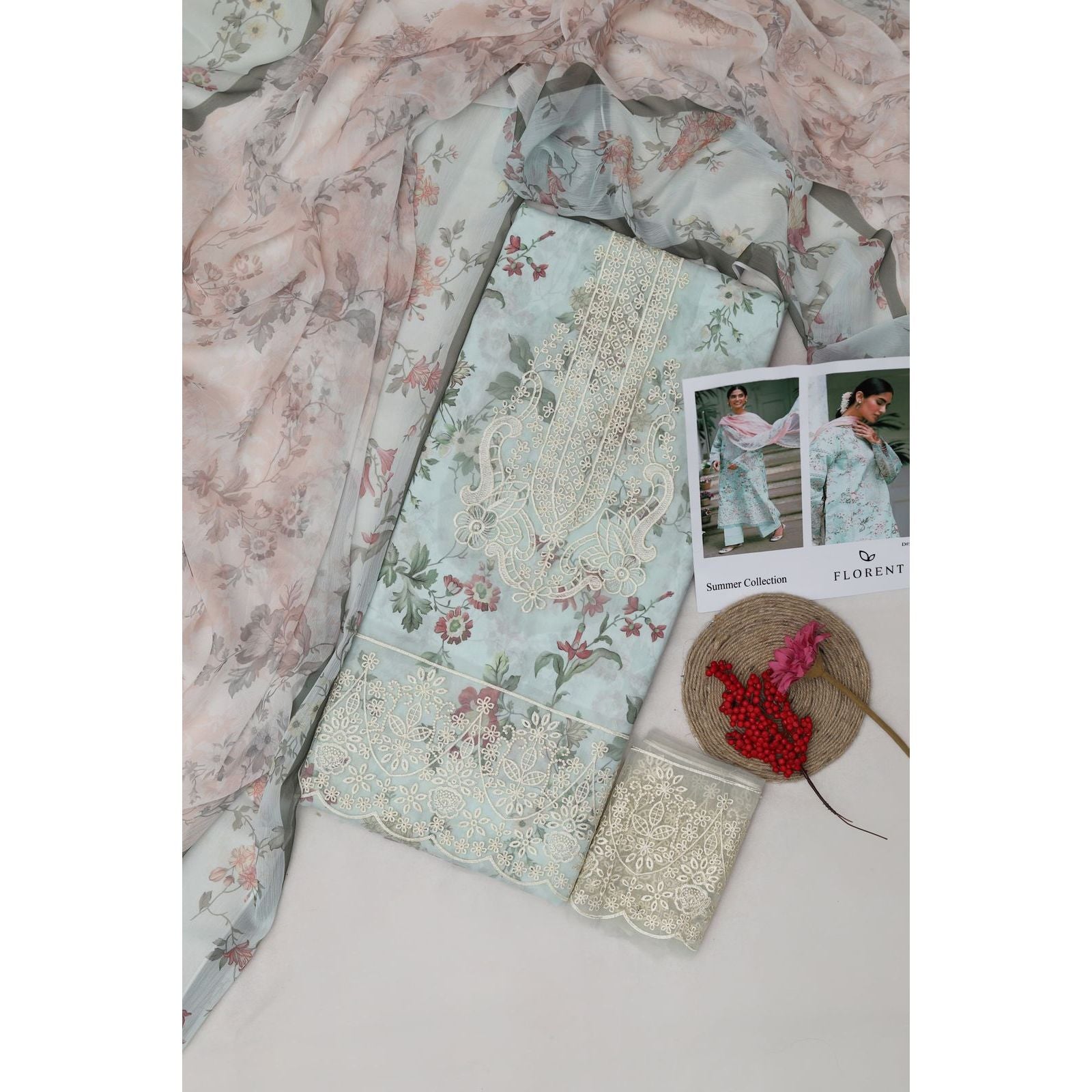 Luxury Printed Lawn 3 Piece Suit with Embroidery Patch & Digital Chiffon Dupatta